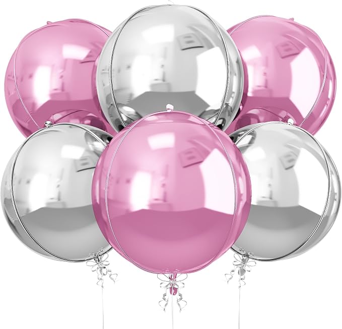 6Pcs Pink Silver Round Foil Balloons, 22inch 4D Metallic Silver Pink Balloons by vibzox