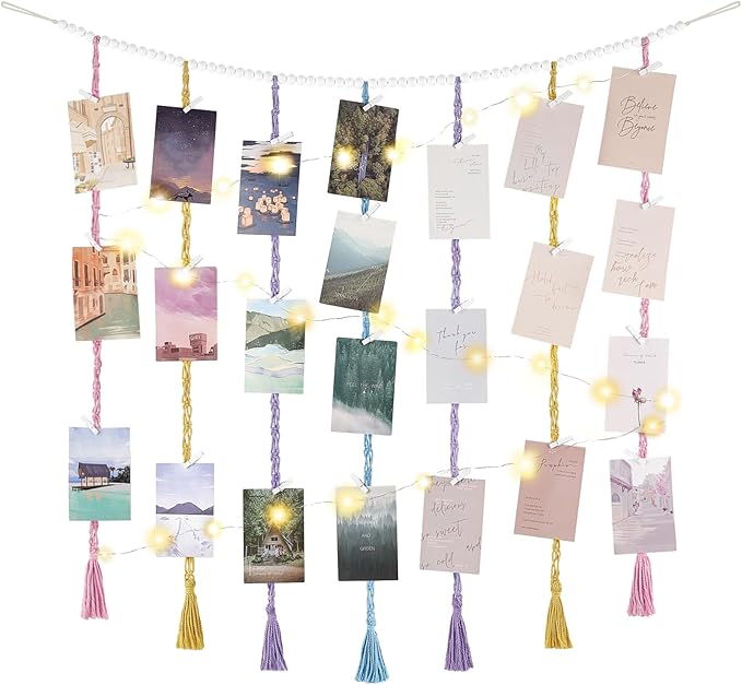 Mkono Macrame Hanging Photo Display Wall Decor with String Lights, Boho Wooden Beads Garland Collage Picture Card Frame Holder with 45 Clips for Bedroom Living Room Dorm, Teen Girls Christmas Gifts