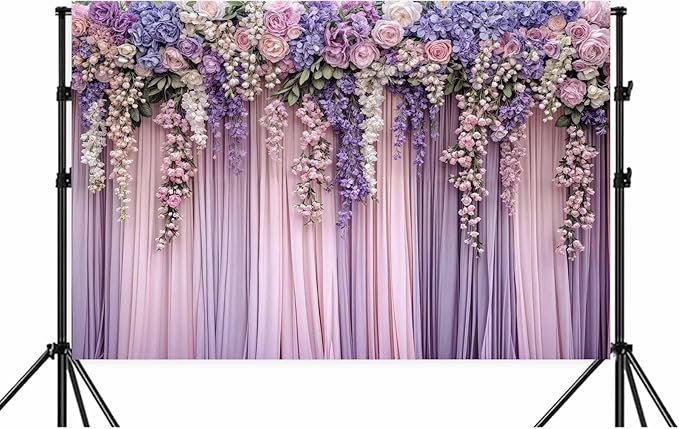 5x3ft Purple Flower Wedding Photography Backdrop Lavender Floral Wedding Bridal Photography Backdrop Anniversary Birthday Baby Shower Girl Party Banner Photo Booth Props Background Wall Decor