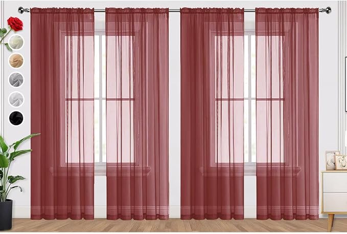 SpaceDresser Burgundy Sheer Curtains 4 Panels Rod Pocket Semi-Sheer Curtain 84 by SpaceDresser