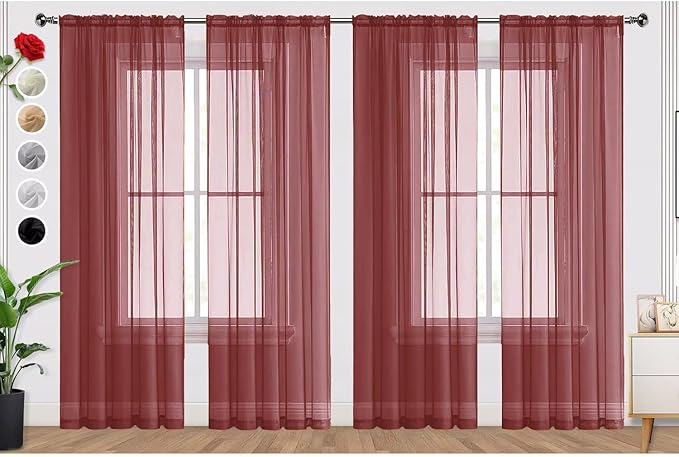 SpaceDresser Burgundy Sheer Curtains 4 Panels Rod Pocket Semi-Sheer Curtain 96 by SpaceDresser
