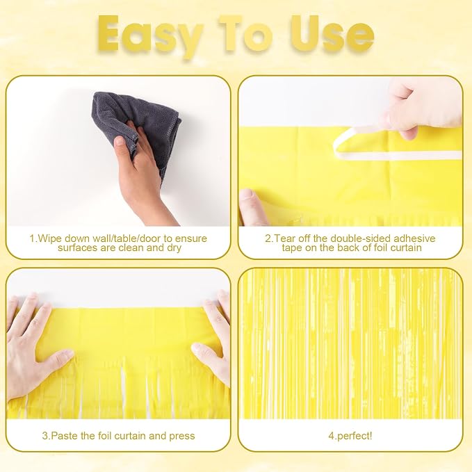 Voircoloria Pastel Yellow Foil Fringe Backdrop Curtains, 3 Pack | Tinsel - Image 4