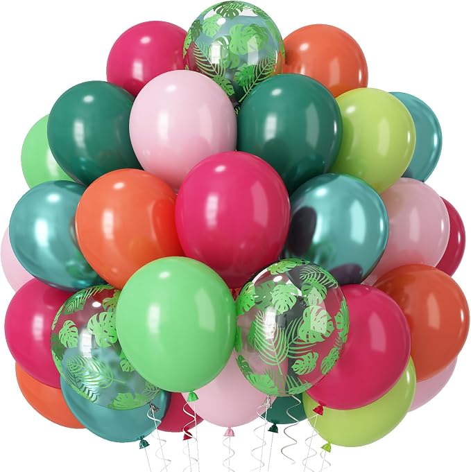 Tropical Balloons, Hot Pink Lime Green Orange Metallic Latex Balloon Palm by Paeyeq
