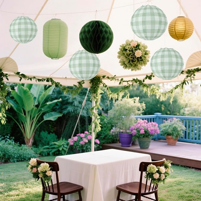 6 Pieces Sage Green Gingham Paper Lanterns Decorations - Image 7