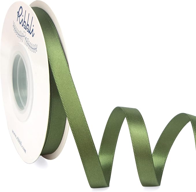 Ribbli Moss Green Satin Ribbon, Double Faced Satin 3/8 inch x Continuous 25 by Ribbli