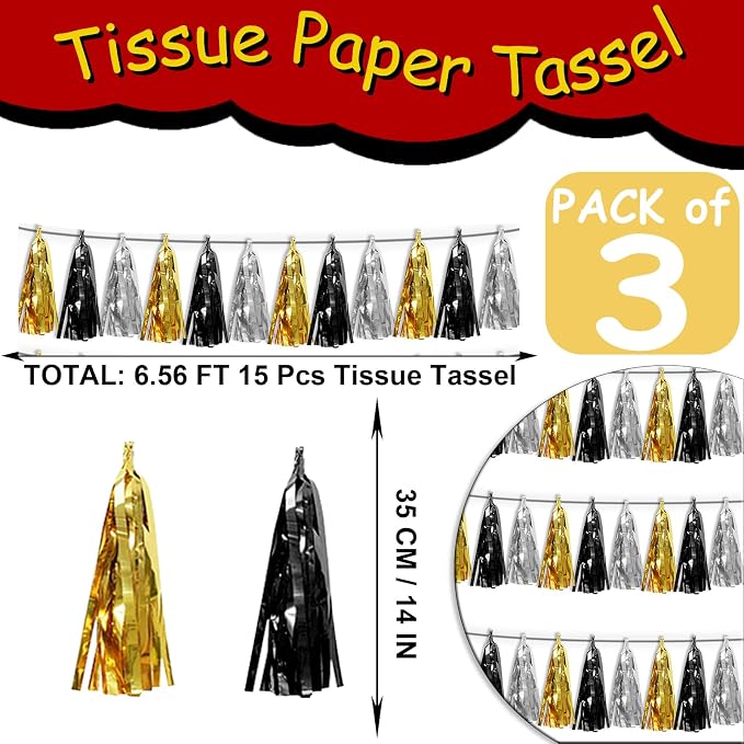 3P Black Gold Silver Tassel Banner Garland Metallic Foil Fringe Banner Tinsel - Image 2