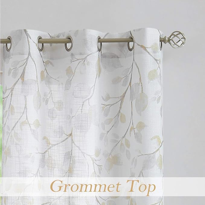 Yellow Leaf Floral Print Metallic Sheer Curtain - Image 6