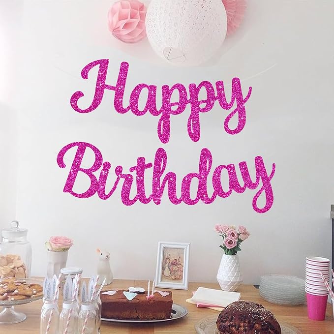 BEISHIDA Glitter Hot Pink Happy Birthday Banner Party Decoration NO DIY | - Image 6