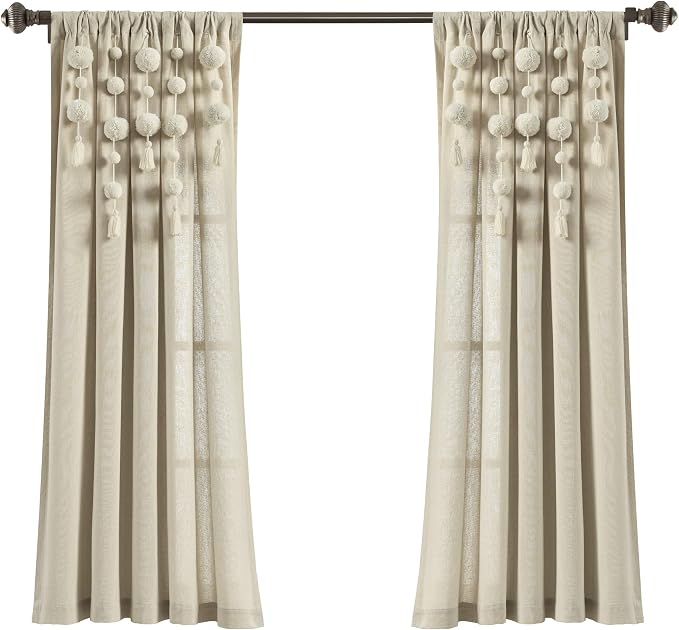 Lush Decor Boho Pom Pom Tassel Linen Textured Window Curtain Panel, Single 52" - Image 9