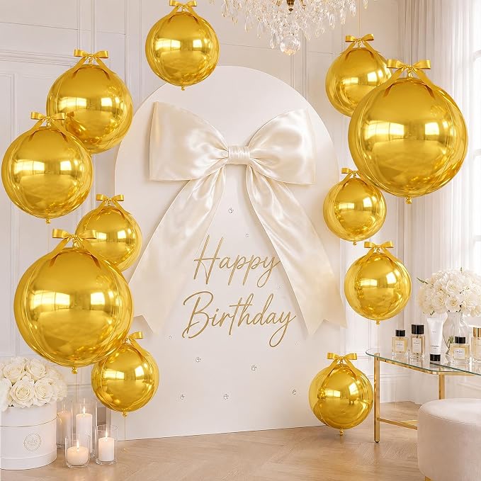 Gold Round Foil Balloons with Satin Bows Ribbon - Image 3