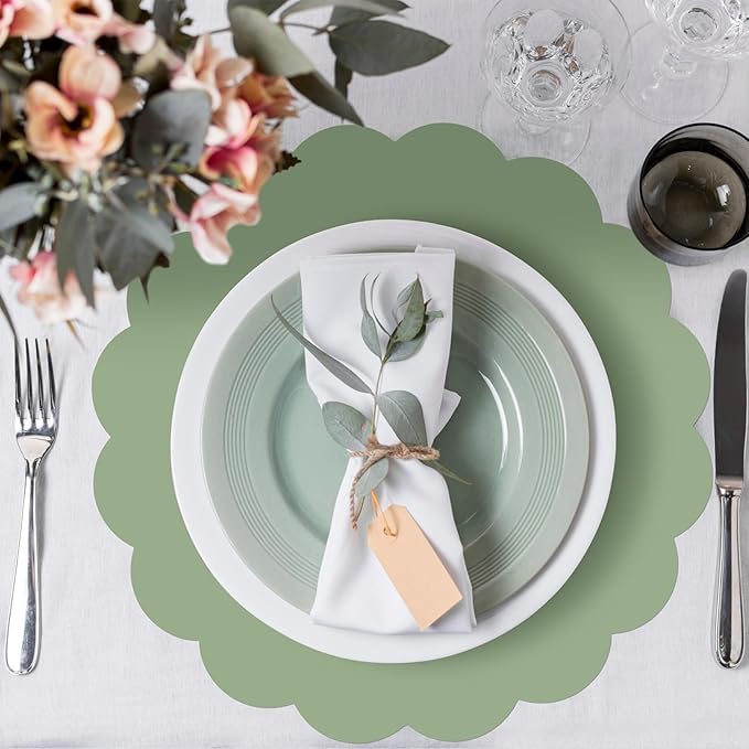 NatNarr 60 Pcs Sage Green Scalloped Paper Placemats, 13.5 Inch | Disposable - Image 4
