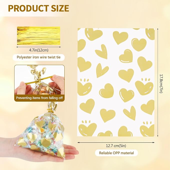 COQOFA 100 Pcs 5x7 IN Gold Heart Cello Cellophane Gift Bags - Image 2