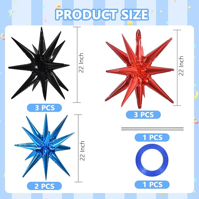 TONIFUL 8 Pcs Explosion Star Balloons Black Red Blue Foil Party Decorations | - Image 2