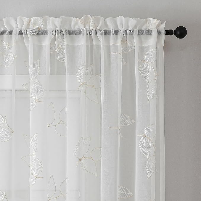 Beige Sheer Curtains Leaf Embroidered 63 Inches Long 2 Panels | Light Filtering - Image 3