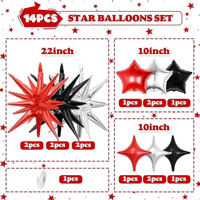 14pcs Red Black Silver Star Balloons, Mixed Star Foil Balloon, 22Inch Explosion - Image 2