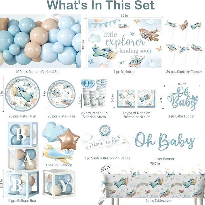 288PCS Cocomigo Blue Airplane Baby Shower Decorations - Image 2