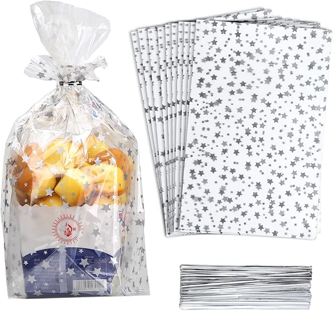100 Pcs Star Printed 8"X 12" Gift Wrap Cello Cellophane Treat Bags Party Favor by COQOFA