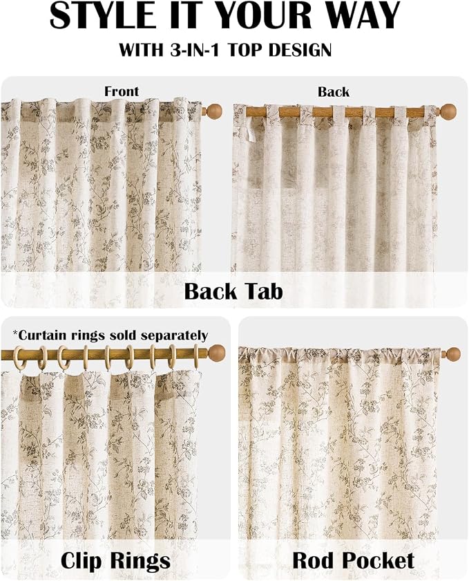 Extra Long Grey Vintage Floral Linen Curtains Farmhouse 2 Panels | Elisa Series - Image 4