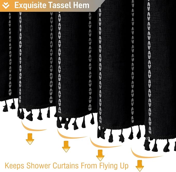 Black and White Boho Linen Heavy Duty Cloth Shower Curtain Set, 72x72 | 330GSM - Image 6