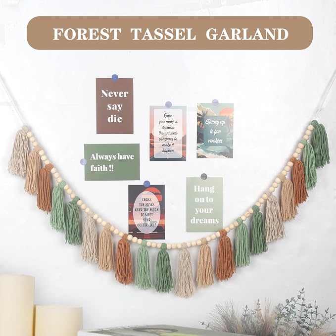 Sage Green Brown Boho Yarn Wood Bead Tassel Garland Wall Hanging Decor Neutral - Image 2
