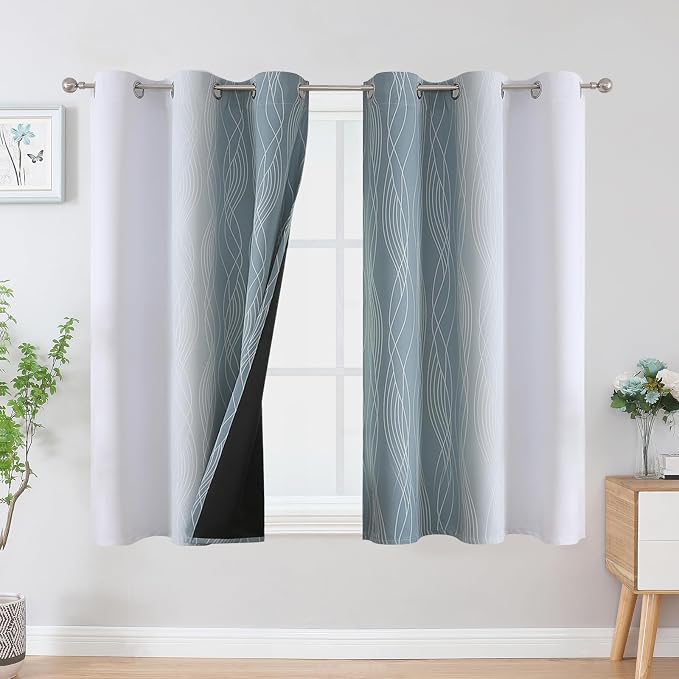 Stone Blue and Greyish White Ombre Blackout Curtains 54 Inch Length 2 Panels - Image 2