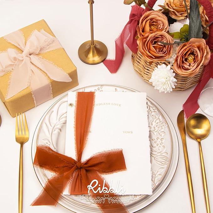 Ribbli Chiffon Silk Ribbon, 1.5 inch x 30 Yard, Champagne/Terracotta/Rust Red Fringe Chiffon Fall Ribbon for Wedding Invitations, Bridal Bouquets Wrapping, Flower Arrangement Decoration
