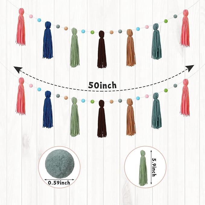 Syhood 3 Pcs Boho Tassel Garland Boho Rainbow Pom Pom Wall Decor Each 50'' - Image 2