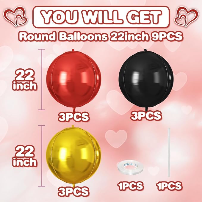 Red Black Gold Round Foil Balloons 9 pcs, Metallic Giant 4D Round Balloons 22 - Image 2
