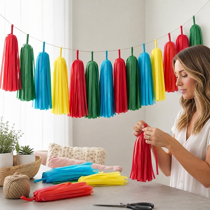 Red Green Blue Yellow Tassels, 20 Pack | Tassel Garland Party Banner Supplies - Image 3
