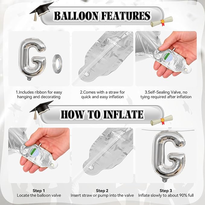 Congrats Grad Balloons, 16 Inch Black Silver Congrats Grad Letters Banner - Image 7