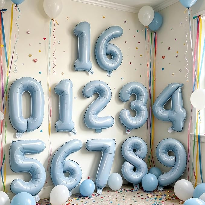 2 Set 20 Pcs Baby Blue Number Balloons 0-9 Number 16 Inch Mylar Foil Balloons - Image 5