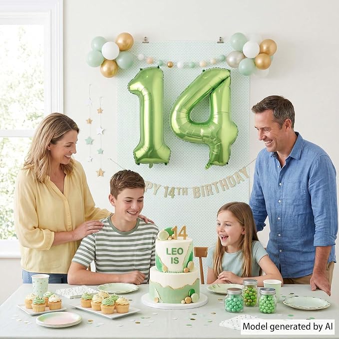 Shiny Metallic Light Green Foil Finish Number 14 Balloon, Botanical Themed - Image 2