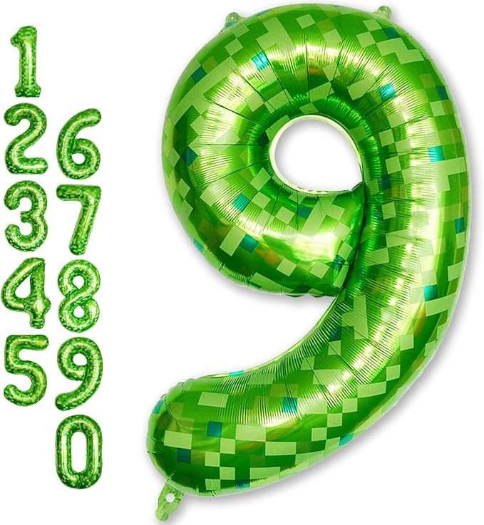 9th Birthday Balloons for Boys, Large Lime Green Pixel Number 9 Balloon by Froova