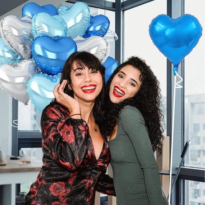 Silver Heart Balloons, 18inch Bright Blue Heart Shaped Foil Balloons & Blue - Image 4