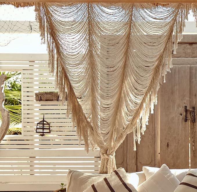 Macrame Curtain White Handmade Boho Room Divider Window Yarn 59"W*75"L | Cotton by FLBER