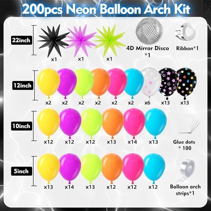200Pcs Neon Balloons Arch Garland Kit - Image 2