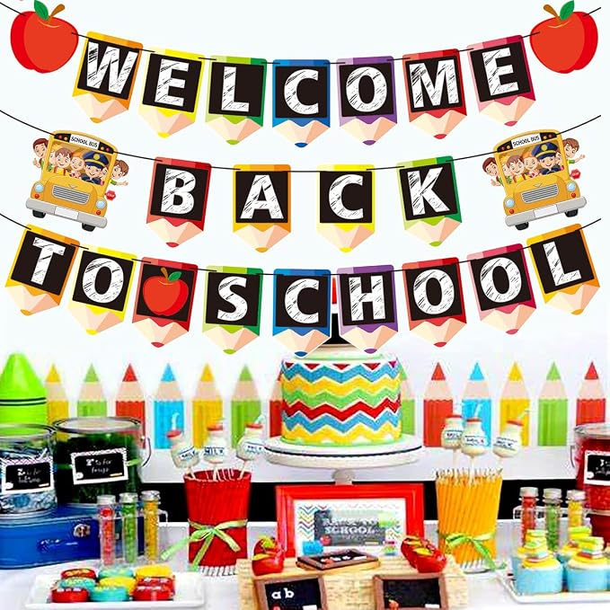 Welcome Back to School Decorations Banner Welcome Pencil Apple Decor Happy - Image 5