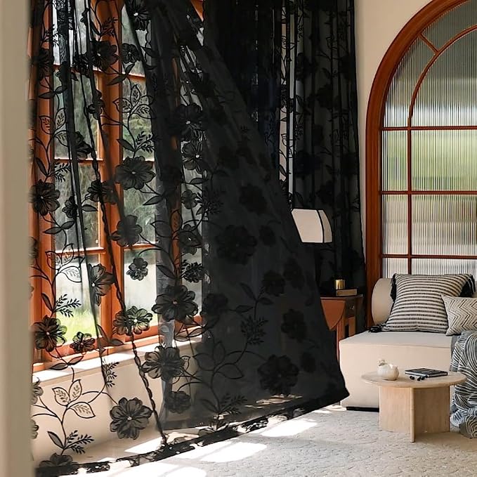 Treatmentex Black Lace Curtains 63inch Rose Floral and Leaf Sheer Decorative by Treatmentex