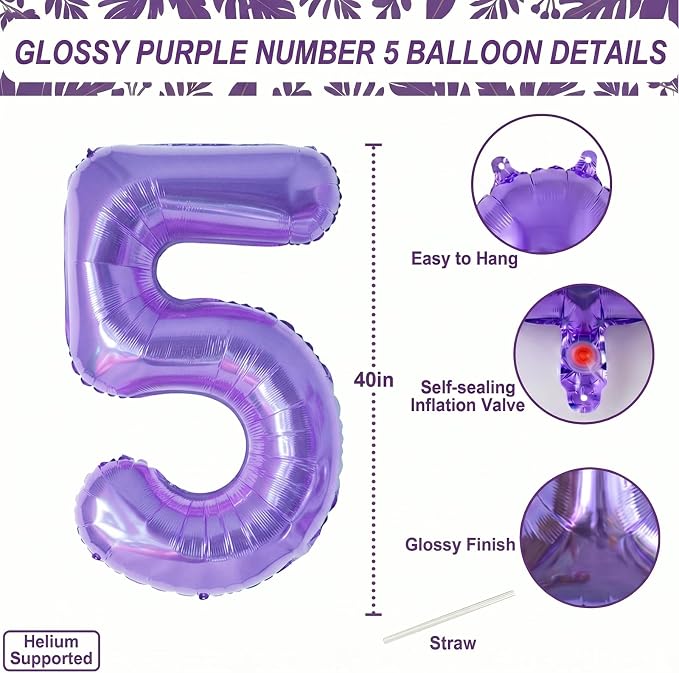 Purple Number 5 Balloon 40 Inch, Large Lavender Mylar Foil Number 5 - Image 4
