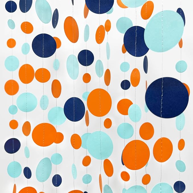 46 Ft Navy Blue Orange and Teal Circle Dots Garland Royal Blue Orange Aqua by pinkblume