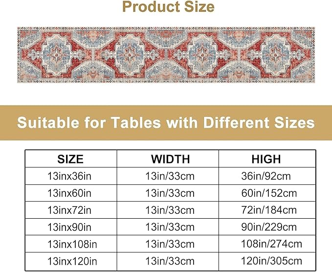 Boho Floral Vintage Table Runner, Retro Blue Red Flower Rustic Country Farmhouse Abstract Pattern for Home Kitchen Table Decor Dining Coffee Room Party Decor 13x90in