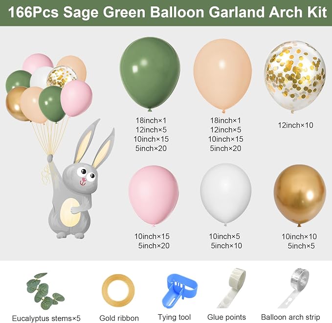 Amandir 166Pcs Sage Green Blush Peach White Gold Balloon Garland Arch Kit | - Image 2
