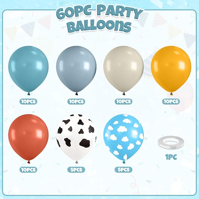 60pcs Cow Print Balloons, Farm Cow Balloons, Dusty Blue Yellow White Balloon - Image 2