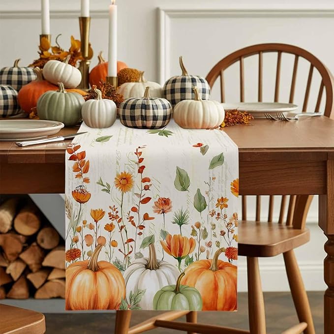 Fall Wildflowers Cotton Linen Table Runner for Dining Kitchen, Thanksgiving Pumpkin Outdoor Party Rustic Tablerunners Decoration,Botanical Floral Vintage Dresser Scarf Tablecloth Runners 13x108 Inches