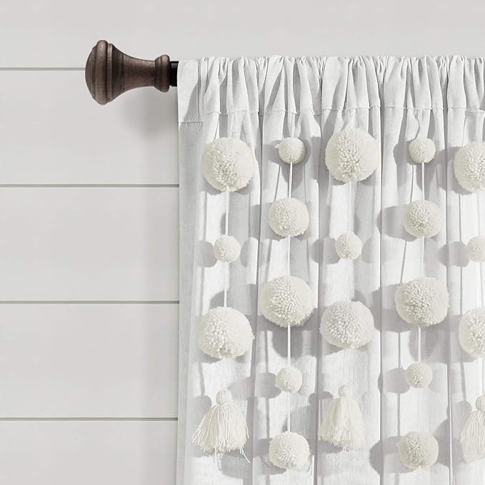 Lush Decor Boho Pom Pom Tassel Linen Textured Window Curtain Panel, Single 52" - Image 2
