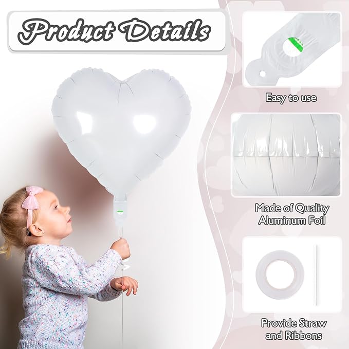 12 Pcs White Heart Balloons, 18 Inch Heart Foil Balloons Love Balloon Valentine - Image 5