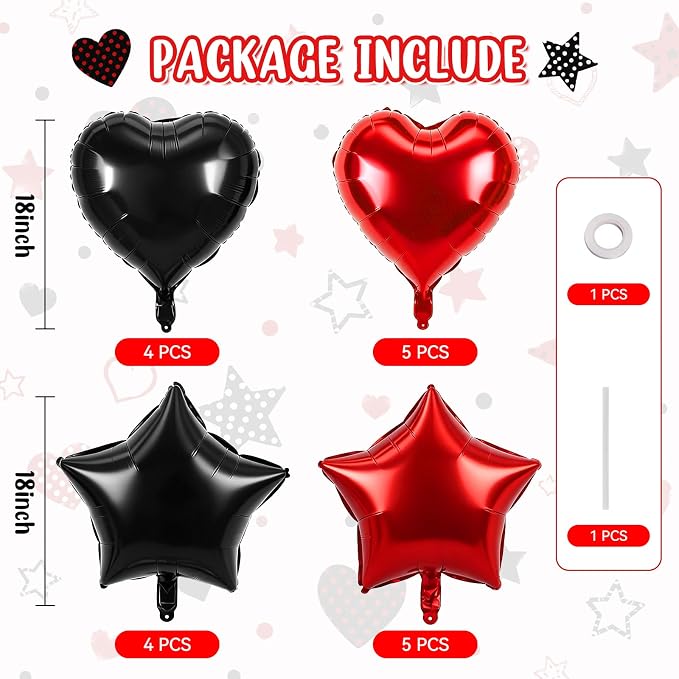 TONIFUL 18 Inch Black Red Star and Heart Foil Balloons - Image 2