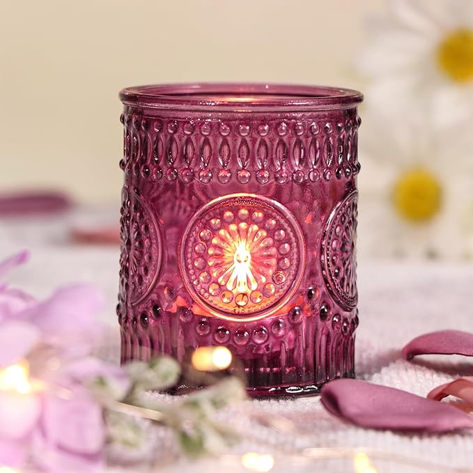 DARJEN Purple Votive Candle Holders Set of 36- Glass Tea Light Candles for Purple Candles, Embossed Candle Votives for Wedding Table Centerpiece, Party & Home Decor