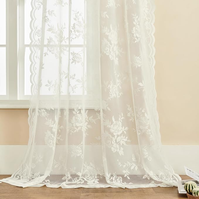 Cream Lace Curtains 120 Inches Long 2 Panels Victorian Floral Sheer Curtains - Image 5