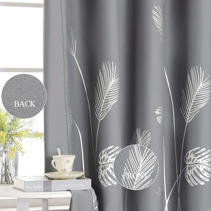 Grey Blackout Curtain for Dining Room 100W x 108L Inch Long Silver Palm Tree - Image 5